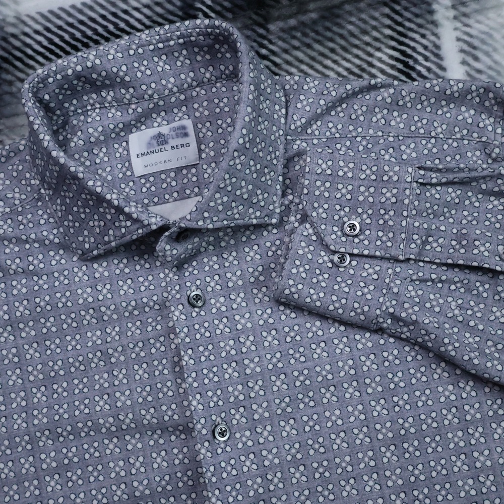 Emanuel Berg Grey Geometric Floral Modern Fit Shirt Large 16.5 Mens Long Sleeve